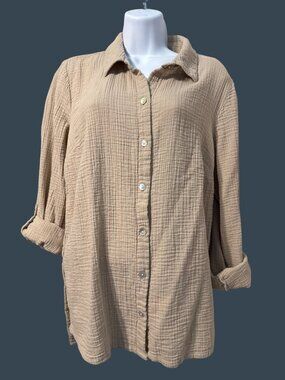 New Directions Button Up Crinkle Gauze Shirt 1X Shell Buttons